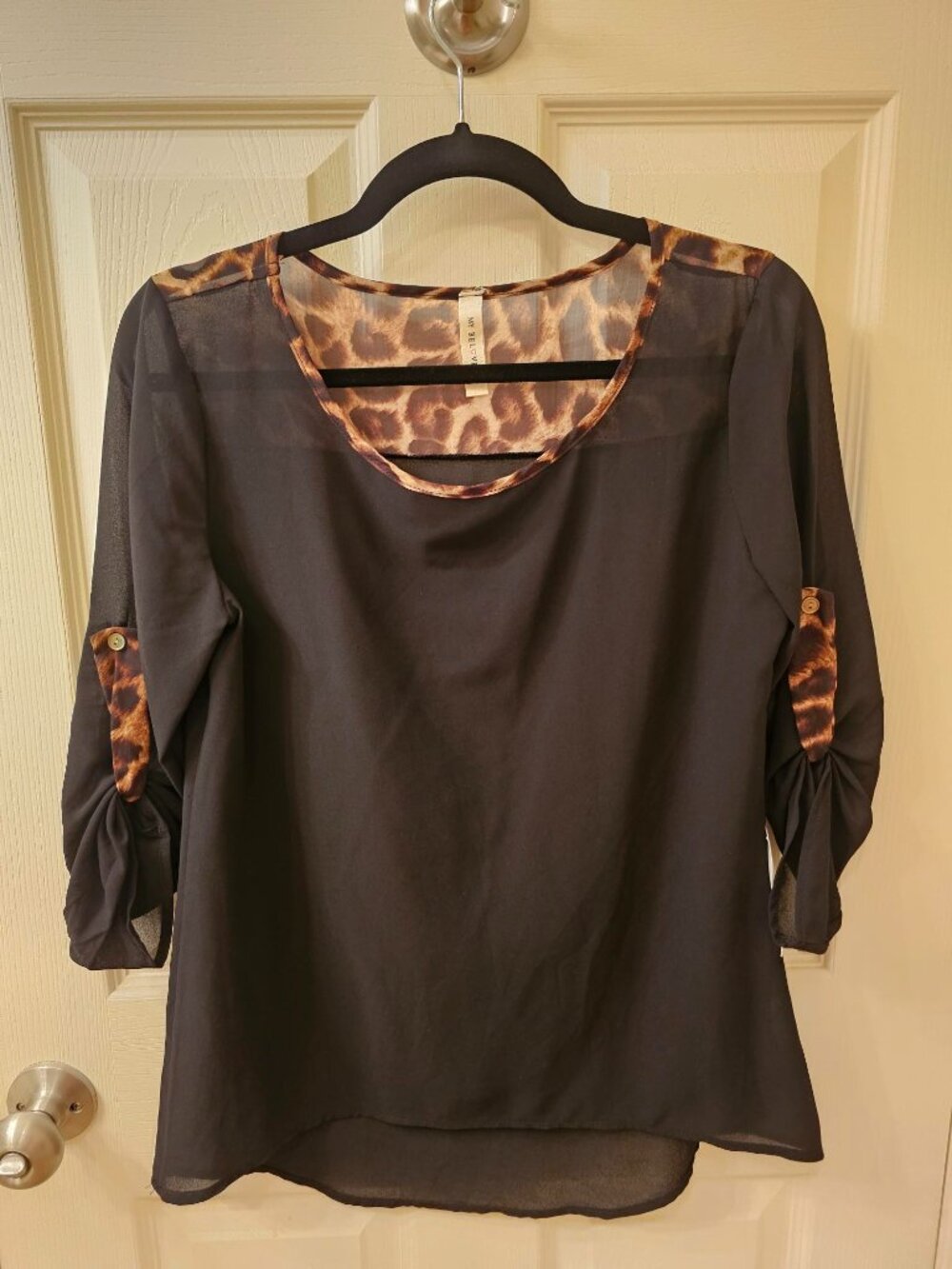 NWT My Beloved Small Black Blouse w / Leopard Detail
